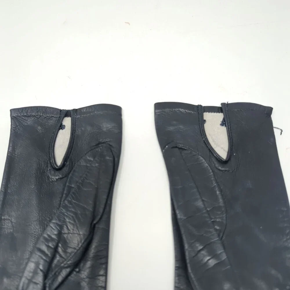 Vintage Antique Black Leather Gloves Wrist Rosettes